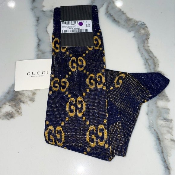 Gucci GG Socks in Blue and Gold Lamé - Picture 10 of 11
